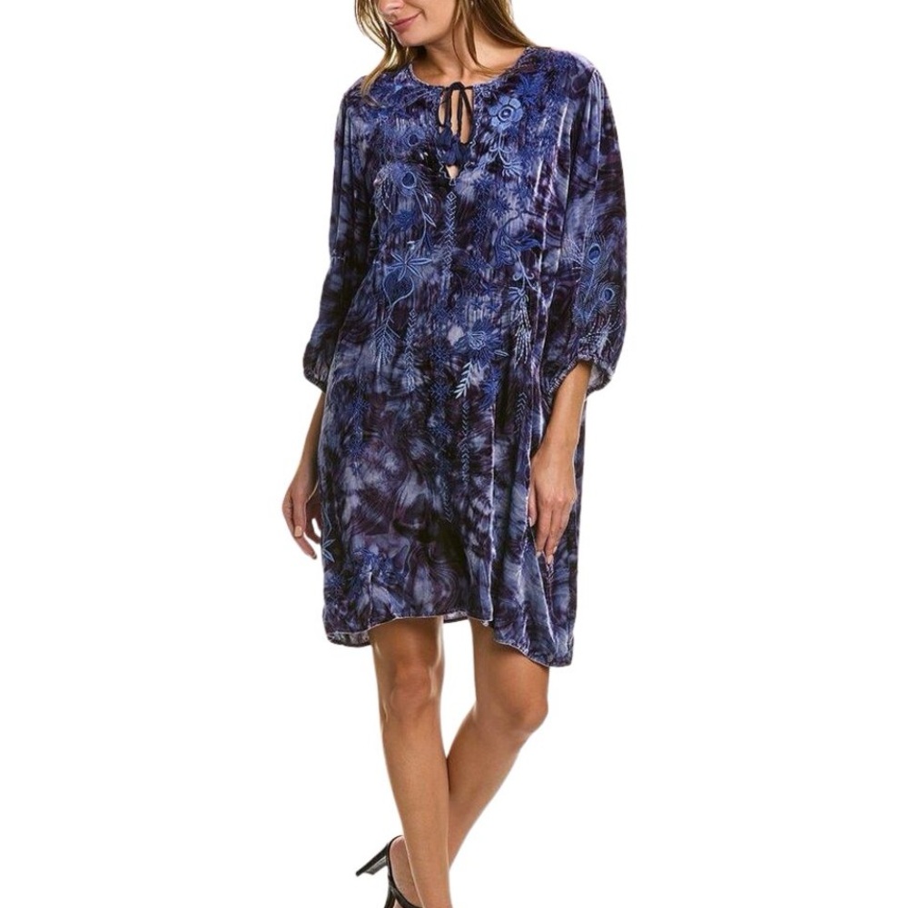 Johnny Was Azure Floral-Embroidered Velvet Shift Dress, size XS NWT
